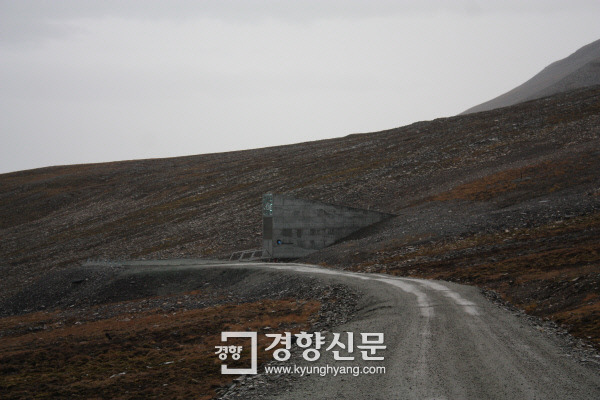 스발바르의 관문  롱이어비엔 공항 뒷편에 자리잡은 사암산 플라토베르겟 중턱에 스발바르국제종자저장소 입구가 삐죽 나와 있다. |이인숙기자