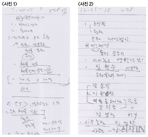 안종범 업무수첩을 보면 박 대통령은 대기업에 미르·K스포츠재단 설립을 위해 액수를 지시(위 왼쪽)하고, 인사까지 개입했다.