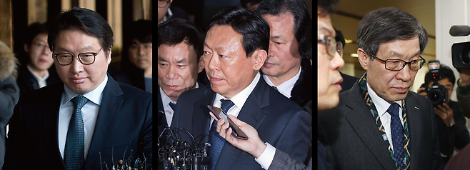 비선실세 최순실씨 사건과 관련해 검찰 또는 법원에 출석하고 있는 최태원 SK그룹 회장, 신동빈 롯데그룹 회장, 권오준 포스코 회장(왼쪽부터) © 시사저널 고성준·시사저널 최준필·연합뉴스