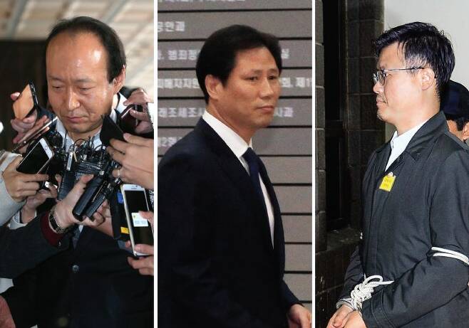 박근혜 대통령의 최측근으로 ‘문고리 3인방’으로 불린 이재만·안봉근·정호성 전 비서관.(왼쪽부터) 이들 중 정 전 비서관만 최순실에게 청와대 문서를 유출한 혐의로 구속됐다. [중앙포토]