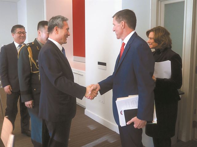 김관진(왼쪽) 청와대 국가안보실장이 1월 10일 미국 워싱턴에서 마이클 플린 백악관 국가안보보좌관 내정자를 만나 악수하고 있다. 주미한국대사관제공