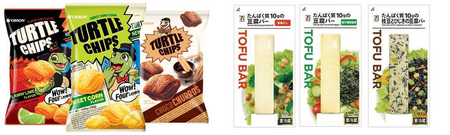 미국 수출용 ‘꼬북칩’(왼쪽)과 일본에서 판매되는 풀무원 ‘두부바’ [오리온·풀무원 제공]