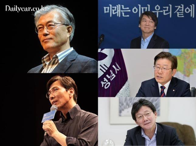 문재인 전 더불어민주당 대표, 안철수 전 국민의당 공동대표, 이재명 성남시장, 유승민 바른정당 의원, 안희정 충남도지사(시계방향)