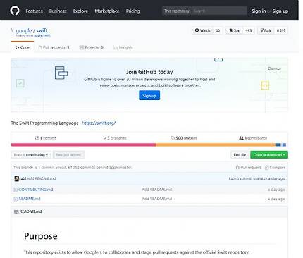 애플의 깃허브 스위프트 코드 저장소를 포크한 구글의 스위프트 저장소 웹페이지