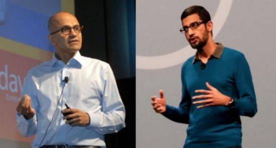 사티아 나델라 MS CEO(왼쪽)와 순다 피차이 구글 CEO