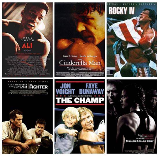 무하마드 알리의 일대기를 그린 영화 'ALI', 복서 짐 브래독의 이야기 '신데렐라맨', 복싱을 통해 '아메리카 드림'을 상징화한 영화 '록키', 배우 겸 감독 클린트 이스트우드의 연출작이자 그에게 두 번째 아카데미상 최우수작품상과 감독상을 안긴 영화 '밀리언달러베이비', 부성애를 통해 감동을 전한 영화 'The Champ', 세계 챔피언에 도전하는 두 형제의 감동 실화 'Fighter' (왼쪽부터 시계방향). 이처럼 액션,갈등,성장,감동 등 극적인 요소가 많은 복싱은 수많은 영화의 소재가 되기도 했다.  / 사진 = 영화 포스터 이미지.