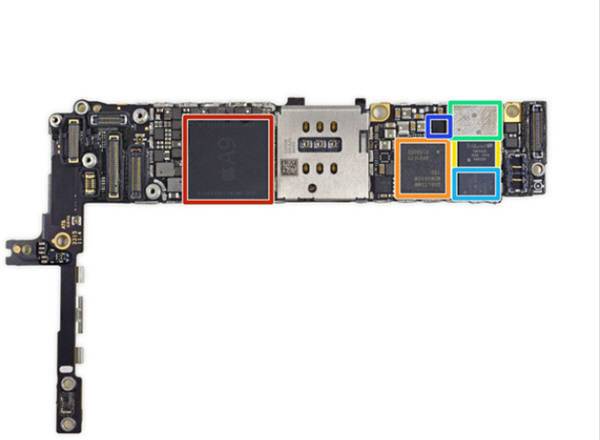 아이폰6s플러스 내부 기판의 모습. ▲붉은 네모 안에는 A9칩(APL1022)과 SK하이닉스의 LPDDR4 RAM램( H9HKNNNBTUMUMR-NLH)이 들어있다. SK하이닉스칩은 2GB LPDDR4 램으로 보인다. ▲오렌지 안은 퀄컴의 MDM9635M LTE 카테고리6모뎀이다.(아이폰6에서는 MDM9625M 이 사용됐다.) ▲노란색 안은 트리퀸트 TQF6405 파워앰프모듈이다. ▲연록색 안은 스카이웍스의 SKY77812 파워앰프 모듈이다. ▲하늘색 안은 아바고의 AFEM-8030 파워앰프 모듈이다. ▲청색 안은 퀄컴의 QFE1000 엔빌로프 트래킹 IC다. 사진=아이픽스잇