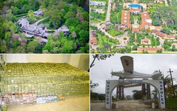 (왼쪽 상단부터 시계방향으로) 에스코바르 소유 자택1, 자택2, 전용비행장, 현금창고