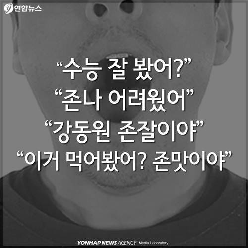 "수능 잘 봤어?" "존나 어려웠어" "강동원 존잘이야" "이거 먹어봤어? 존맛이야"