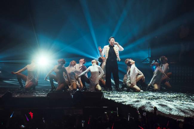 Psy performs during &rdquo;All Night Stand 2015 -- Concert God Psy&ldquo; at the Olympic Park Gymnastic Stadium Jamsil in Seoul on Dec. 24, 2015. (Yonhap)