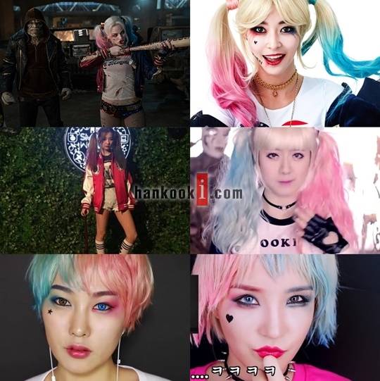 '수어사이드 스쿼드' 의 할리퀸 마고로비 (왼쪽 첫번째)와 '할리퀸'을 코스프레한 헬로비너스 나라, 레드벨벳 슬기, 중국 아이돌 그룹 SNH48 , 뷰티 유투버 씬님, 라뮤끄 (사진 = 잡지 하트잇, SM 바이럴,유트브 SNH채널, 씬님 채널, 라뮤끄 채널)