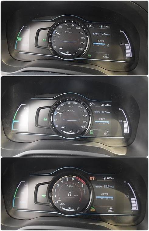 아이오닉 하이브리드의 주행 모드별 계기판 변화 모습. 보통 주행에서는 에코 눈금이 올라가며 브레이크 페달을 밟으면 충전 눈금이 올라간다. 맨 아래 사진은 스포츠 주행 모드의 계기판 모습이다./류호 기자