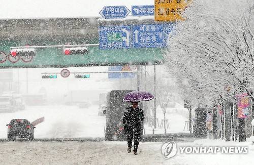 (광주=연합뉴스) 박철홍 기자 = 광주·전남에 폭설과 한파가 이어진 24일 오후 광주 서구 치평동 인근 도로에서 한 행인이 눈이 쌓인 보도 대신 차도로 걷고 있다. 2016.1.24