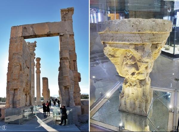[월간산]1 페르세폴리스 궁전은 깨지고 부서진 흔적들이 그대로 남아 있다.  2 조로아스터교에서 불을 태우는 화로가 박물관에 전시돼 있다.