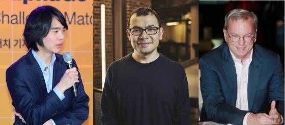 왼쪽부터 이세돌9단과 데미스 하사비스 구글 딥마인드 CEO, 에릭 슈미트 알파벳(구글의 지주사) 회장