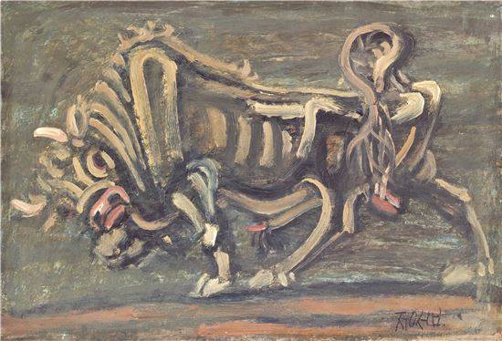 이중섭 '황소', 1953년경, 종이에 에나멜과 유채, 35.5x52cm