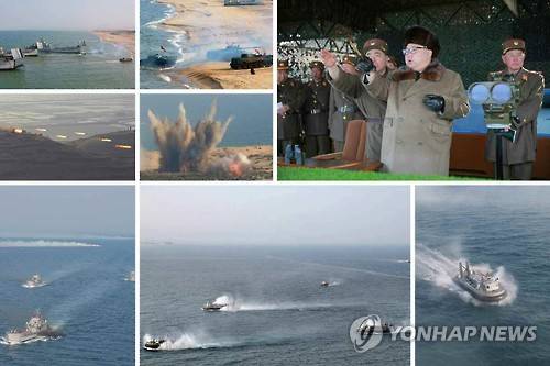 북한군, 우리나라 겨냥 상륙훈련…김정은 참관    (서울=연합뉴스)  북한군이 우리나라를 겨냥한 상륙 및 상륙 저지(반상륙) 방어훈련을 실시했으며, 김정은 국방위원회 제1위원장이 이를 참관했다. 북한 매체들은 훈련이 실시된 날짜는 밝히지 않았지만, 북한 내륙에 파고들어 최고지도부를 포함한 핵심 표적을 파괴하는 훈련이 포함된 한미연합훈련인 키리졸브(KR) 연습이 지난 18일 종료된 시점에 맞춰 열린 것으로 보인다. 사진은 20일자 노동신문에 게재된 북한군 상륙훈련 장면들.  2016.3.20      << 국내에서만 사용가능. 재배포 금지. For Use Only in the Republic of Korea. No Redistribution >>   nkphoto@yna.co.kr