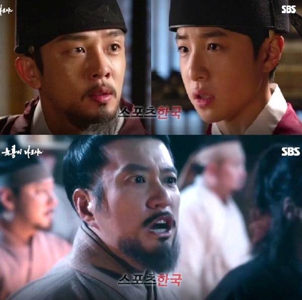 '육룡이 나르샤' 이방원(유아인)이 죽은 정도전(김명민)과 유사한 정치관을 지닌 이도(남다름)를 호되게 다그쳤다. 이방원에게 정도전은 지우고 싶은 과거이기 때문. (사진=SBS '육룡이 나르샤' 선공개 영상 캡처)