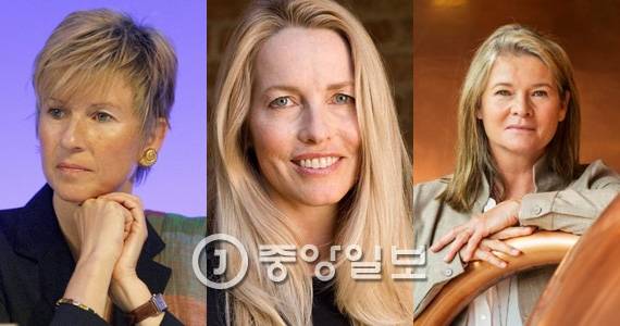 왼쪽부터 독일의 명차 BMW 상속녀 수잔 클라튼, 애플 창업자 스티브 잡스의 부인 로렌스 파월 잡스, 네덜란드 맥주 제조사 하이네켄의 샤를 드 카르발류.