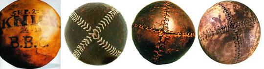 세계 최초의 야구공은 1854년 등장한 니커보커볼(왼쪽)이다. 당시 야구공은 두 개의 가죽 대신 겉을 레몬 껍질로 감싼 형태였다. 오른쪽 공 세 개는 레몬 껍질로 만든 또 다른 야구공. 야구공은 1872년에 이르러 현재와 비슷한 모습을 갖췄다. 스미소니언닷컴 홈페이지