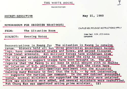 미국 백악관 상황실이 1980년 5월 21일 즈비그뉴 브레진스키 보좌관에게 보낸 ‘광주에서의 시위’라는 제목의 백악관 저녁 보고 문서. 출처=미국 기밀해제 문서 온라인시스템