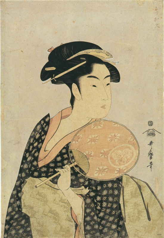 당시 게이샤의 모습은 우키요에 비진가를 통해 확인할 수 있다. 사진 = 『간세이 세 미인(寬政三美人)』 중 <다카시마 오히사, 高島おひさ>, 기타가와 우타마로, 종이에 목판인쇄,  25.6*37, 18세기, 도쿄 국립박물관