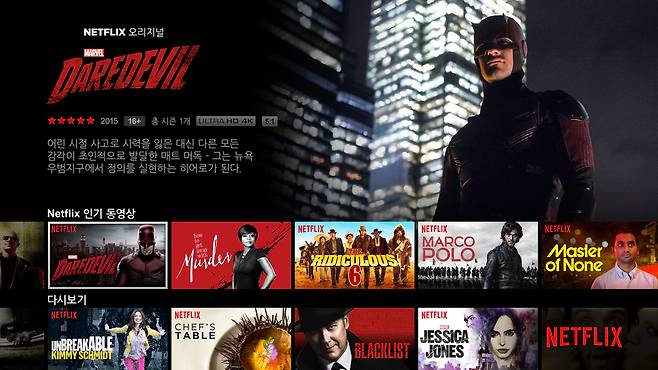 지난 1월7일부터 한국 서비스를 시작한 넷플릭스의 초기 화면.
