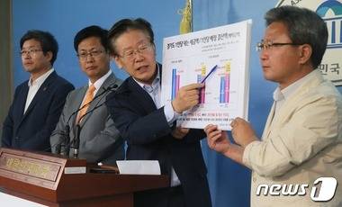 경기지역 지자체장들이 지난 7월 4일 서울 여의도 국회 정론관에서 '지방재정 개악 입법예고' 철회 촉구 기자회견을 하고 있다. © News1