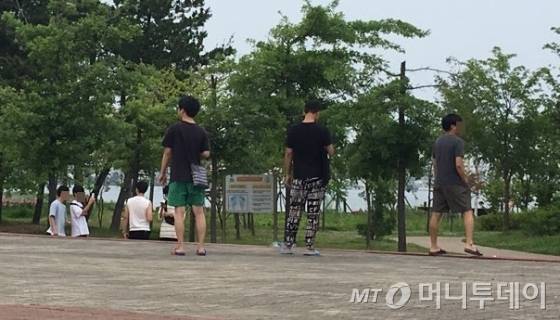 속초엑스포공원에서 '포켓몬 GO'를 즐기고 있는 사람들의 모습.