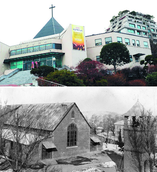 서울 서초구 사평대로에 있는 남산교회 전경(위). 아래는 1930년대 말 평양 남산현교회, 화재가 나기 전 모습이다. 도서출판 그물 제공