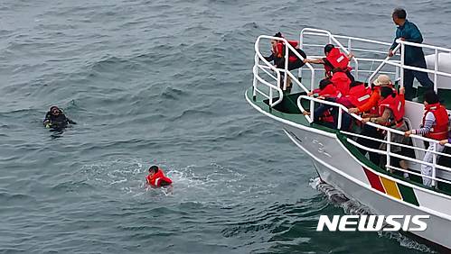 【속초뉴시스】김경목 기자 = 16일 오후 3시35분께 강원 속초시 앞바다에서 유람선 1척이 기관고장으로 파도에 떠밀려 방파제 앞에서 좌초된 가운데 승객 18명이 구명조끼를 입고 바다에 뛰어들고 있다. 2016.07.16. (사진=속초소방서 제공) photo@newsis.com