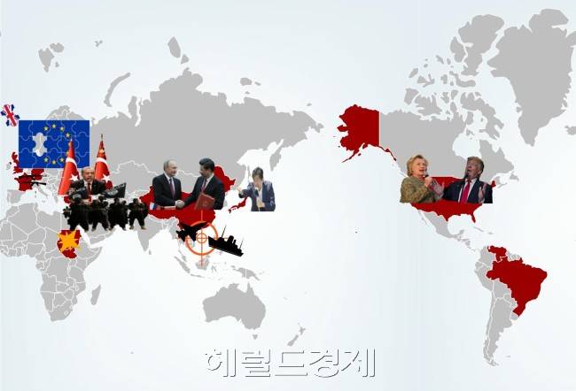 2015~2016 국제정세 지도. 붉은 색은 최근 국제사회 질서에 영향을 끼치는 사건을 겪은 국가들을 나타내고 있다. 한국 역시 '사드 배치' 결정으로 국제정세 변화의 중심에 서 있지만 향후 외교선택에 따라 영향력이 달라질 수 있다는 점을 고려해 우선 표시를 하지 않았다. [그래픽=문재연 기자]