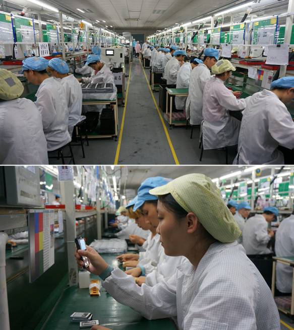 중국 선전에 있는 휴대폰 외주생산 업체 HIT의 공장 풍경. 생산직 근로자들이 마이크로맥스, 라바 등 주요 고객사에 보낼 제품을 만들고 있다. / 사진=전준범 기자