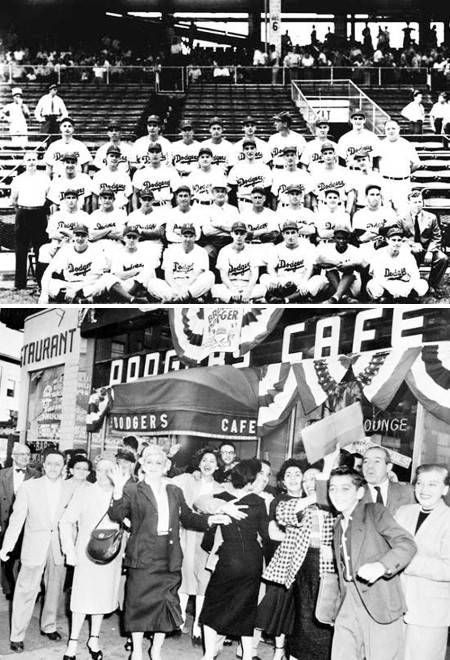 1947년 미국 프로야구 메이저리그 브루클린 트롤리 다저스 선수들이 관중석 앞에 앉아 단체사진을 촬영하고 있다. 당시 다저스의 팬은 뉴욕 브루클린 사람들(아래쪽 사진)이었다. 다저스는 1958년 미국 캘리포니아주 로스앤젤레스로 연고지를 옮기면서도 다저스란 이름을 고수했다.