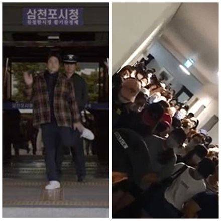 tvN '응답하라 1994'에서 주인공 삼천포가 민중가요 '바위처럼'에 맞춰 춤을 추는 있다(왼쪽). 이화여대생들(오른쪽)은 최근 본관 점거 시위에서 경찰에 맞서 민중가요가 대신, 걸그룹 소녀시대의 '다시 만난 세계'를 불렀다. tvN.유튜브 화면 캡처