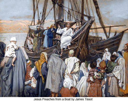 제임스 티소 작 ‘배에서 설교하는 예수’. 호숫가에서 예수의 설교를 듣는 이들 중에는 갓난 아이를 업거나 안고 있는 여인들도 보인다. 예수의 메시지가 유대인의 일상을 겨냥하고 있음을 보여준다.