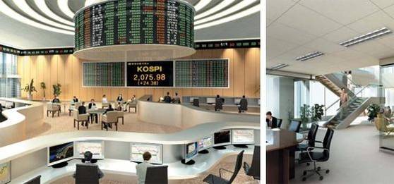 트레이딩센터의 완공 예정 모습(왼쪽)과 사무실 위 아래 층을 오갈 수 있는 내부 계단 이미지. /미래에셋 제공