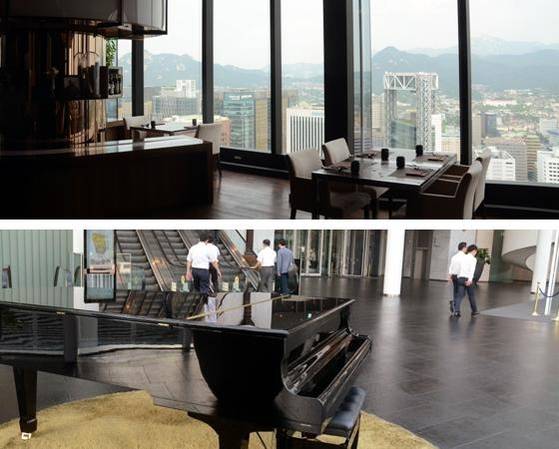 파로그랜드 레스토랑 내부에서 종로타워를 바라본 모습(위)과, 빌딩 로비에 있는 피아노. /고성민 기자