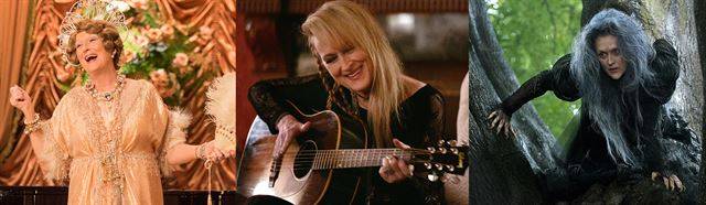 말이 필요 없는 배우 메릴 스트립은 변신의 귀재다. ‘플로렌스’(왼쪽부터)에서는 음치 소프라노, ‘어바웃 리키’에서는 록밴드의 보컬, ‘숲속으로’에서는 무시무시한 마녀를 각각 연기했다.