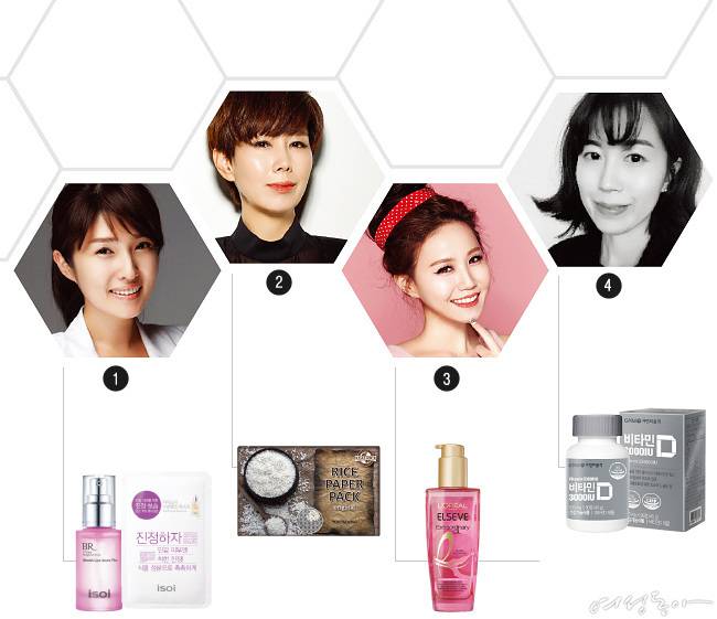 1 아이소이 불가리안 로즈 블레미쉬 케어 세럼 플러스 35ml 4만9천원.아이소이 수분탱크 마스크 20ml×10 5만원. 2 토소웅 라이스 페이퍼 팩 오리지널 23g 5천원. 3 로레알파리 엑스트라 오디네리 로즈 오일 100ml 1만9천원대. 4 GNM자연의 품격 비타민D 90정(3개월분) 1만1천9백원.