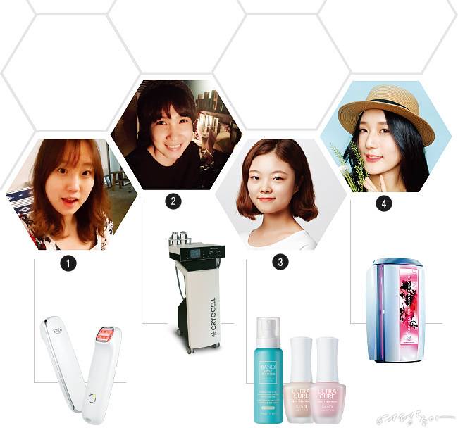 1 실큰 페이스타이트 55만원. 2 재생, 진정, 보습 효과를 주는 크라이오셀.3 반디 바이탈 부스터 스트롱 150ml 5만원. 반디 울트라큐어 CC누드 & CC핑크 14ml 3만5천원. 4 피부톤이 환해지는 화이트 태닝 기계.