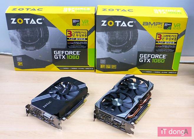 조텍 지포스 GTX 1060 MINi(왼쪽)과 AMP! Edition(오른쪽)