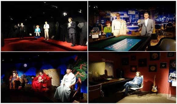 그레뱅 뮤지엄에는 다양한 주제에 맞게 꾸며진 테마 공간에 밀랍 인형이 전시돼 있다. 왼쪽 위부터 시계 방향으로 레드카펫, 시네마천국, 레코딩 스튜디오, 한국의 위인 테마 공간의 모습. /최문혁 기자