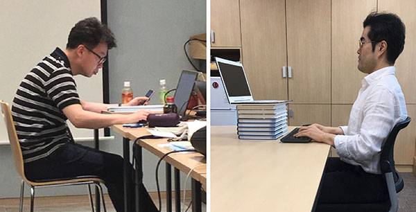 ⓒ정선근 제공 목을 앞으로 쭉 빼고 보면 목에 무리가 간다(왼쪽). 화면을 높이 하여 고개를 쳐들고 봐야 한다(오른쪽).