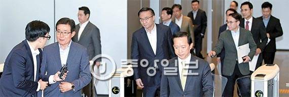 12일 서울 삼성전자 서초사옥에서 김봉영 삼성물산리조트 사장(왼쪽 둘째), 김영기 삼성전자 네트워크사업부장(왼쪽 넷째), 윤용암 삼성증권 사장(맨앞) 등이 수요 회의를 마친 뒤 사옥을 나서고 있다. [사진 박종근 기자]