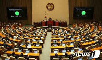 21일 서울 여의도 국회에서 열린 본회의에서 북한의 제5차 핵실험 규탄 및 핵폐기 촉구 결의안에 대한 수정안이 재적 300인, 재석 203인, 찬성 200인, 기권 3인으로 가결되고 있다. 2016.9.21/뉴스1 © News1 송원영 기자