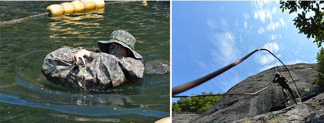 ▲이세라 중사가 수중침투훈련을 하고 있다. ▶진미은 중사가 암벽하강훈련을 받고 있다. [사진제공·육군]