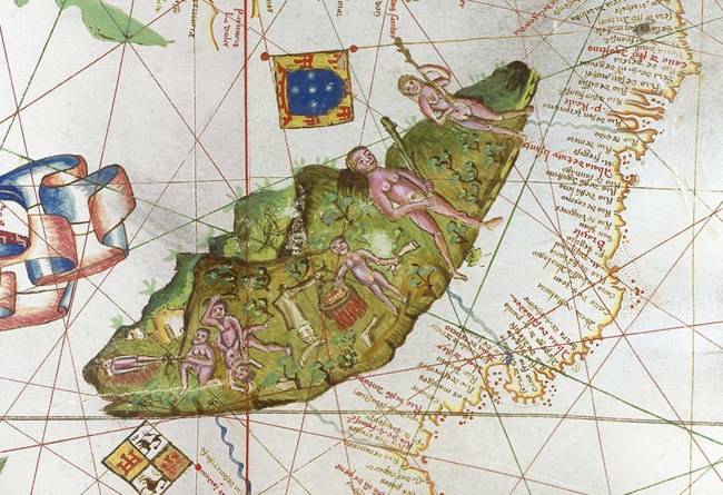 지도에는 그 지역에 살고 있는 원주민들의 모습도 있다.[출처=다니엘 크라우치 레어 북스]