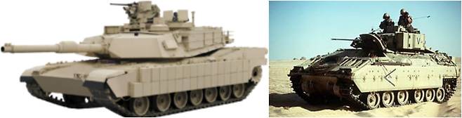 M-1 에이브람스 탱크(왼쪽)과 M-2 브래들리 보병전투차량. [사진 위키피디어]