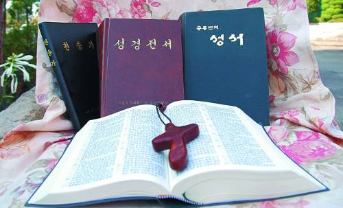 남한에 온 북한의 성경전서와 찬송가. 왼쪽부터 2010년에 북한 조선그리스도교연맹이 발행한 찬송가와 1990년에 펴낸 신·구약 합본 ‘성경전서’. 오른쪽은 조그련이 만든 성경전서의 모판으로 삼은 공동번역성서(1982년 발행·28쇄). 앞에 펼쳐진 것은 조그련이 2010년 4월 15일에 발행한 성경전서다.